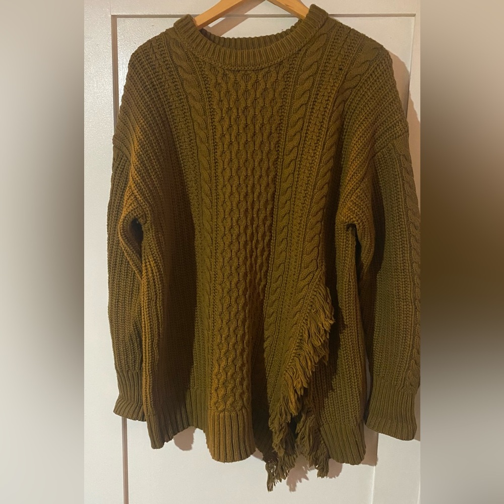 J. Crew Cable Knit Pullover Sweater with Fringe, size L, color olive